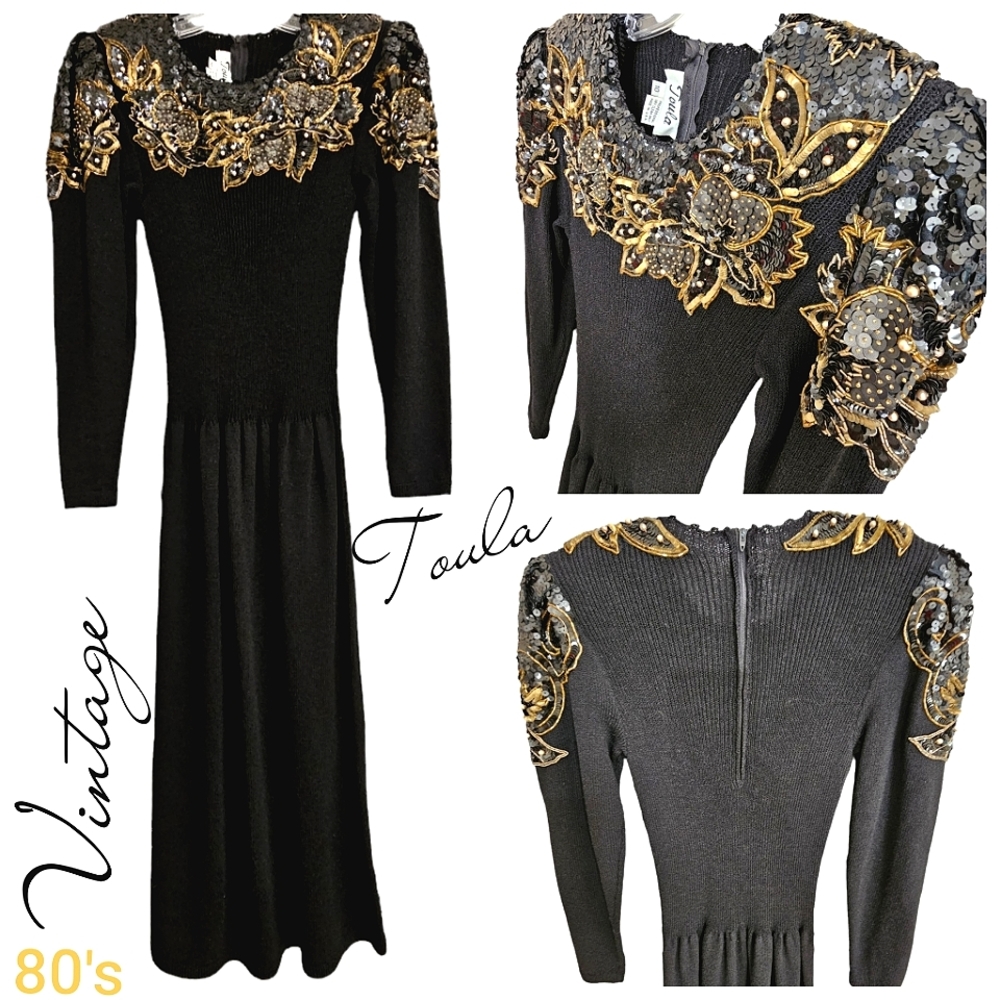 Vintage 80's Toula Black/Gold w Sequins/Beads Midi Longsleeve Sweater Dr…